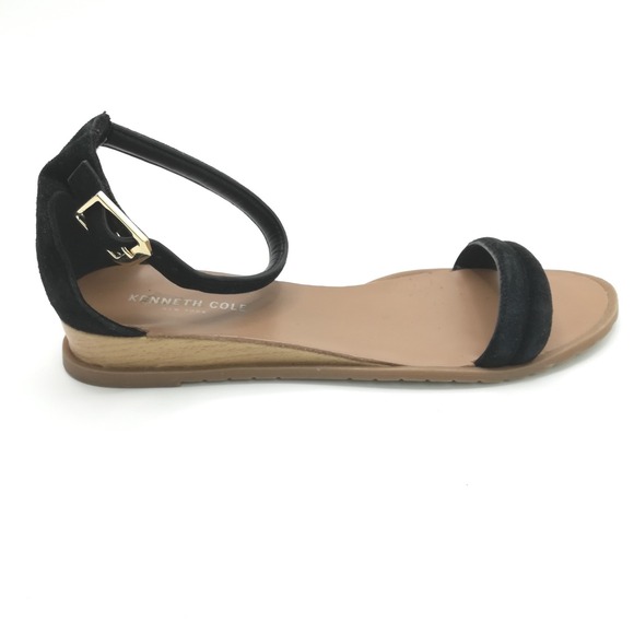 Kenneth Cole Sandals Womens Shoes Flats Jenna Leather Suede Ankle Strap Black 9 - Picture 1 of 11